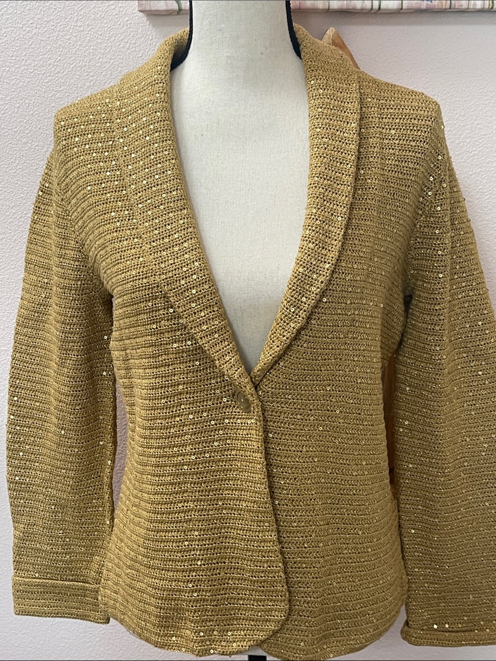 Jones New York Gold Sequin Knit Shawl Collar Blazer